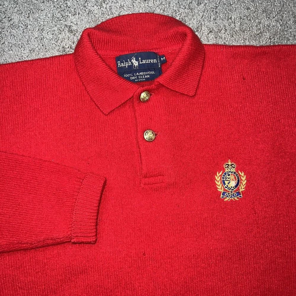 Vintage Ralph Lauren Lambswool Crest Sweater Gold Button Women's Medium Red